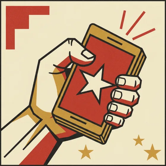 Constructivist poster: a raised hand holding a glowing phone