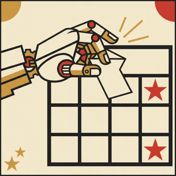 Constructivist poster: a robot arm stamping a flyer onto a calendar