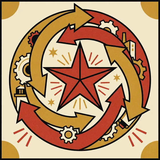 Constructivist poster: arrows circling a star like clockwork