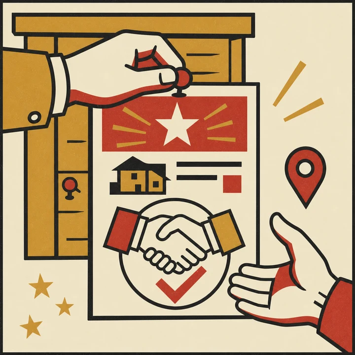 Constructivist poster of a local gig listing being pinned and matched with a worker